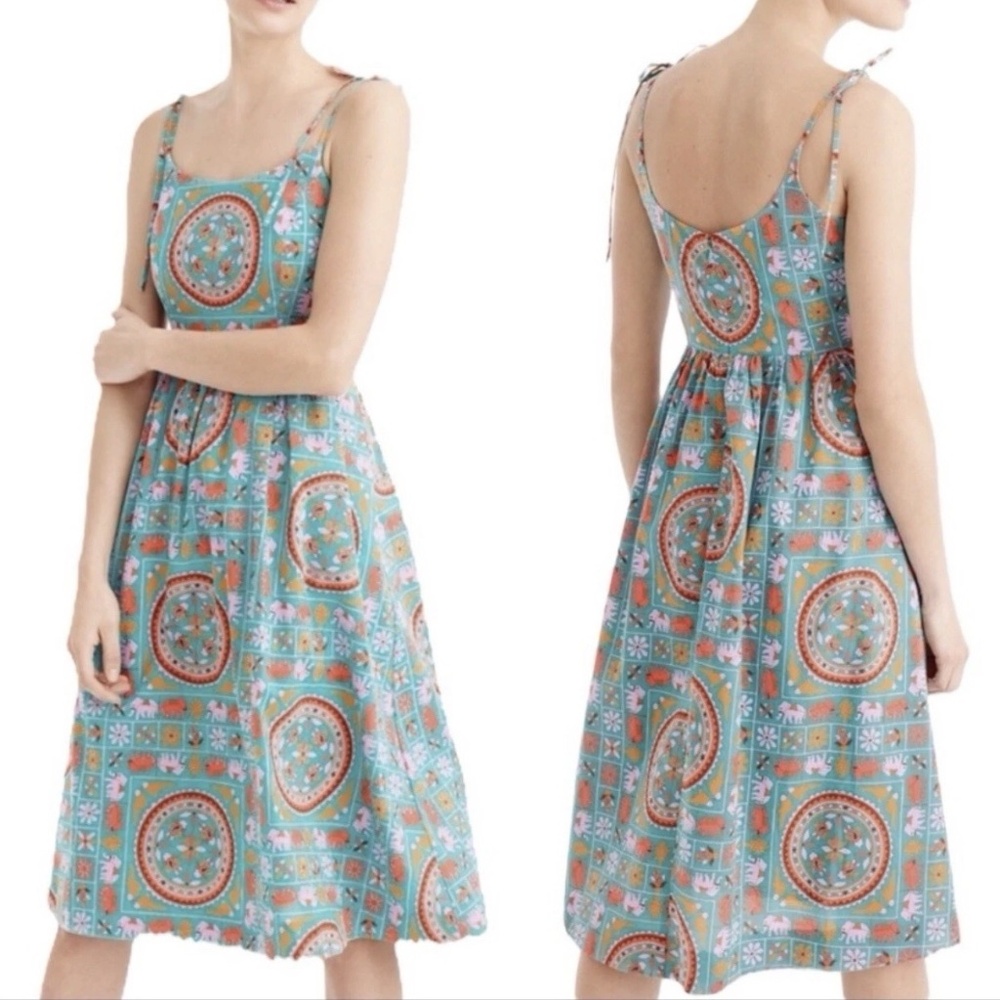 Drake's for J.Crew Size 12 Tie Shoulder Elephant Print Dress Green Midi Cotton
